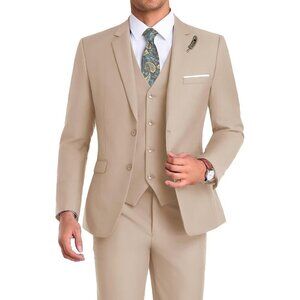 Men's Notched Lapel Beige Groomsmen Slim Fit 3 Pieces Suit for Wedding